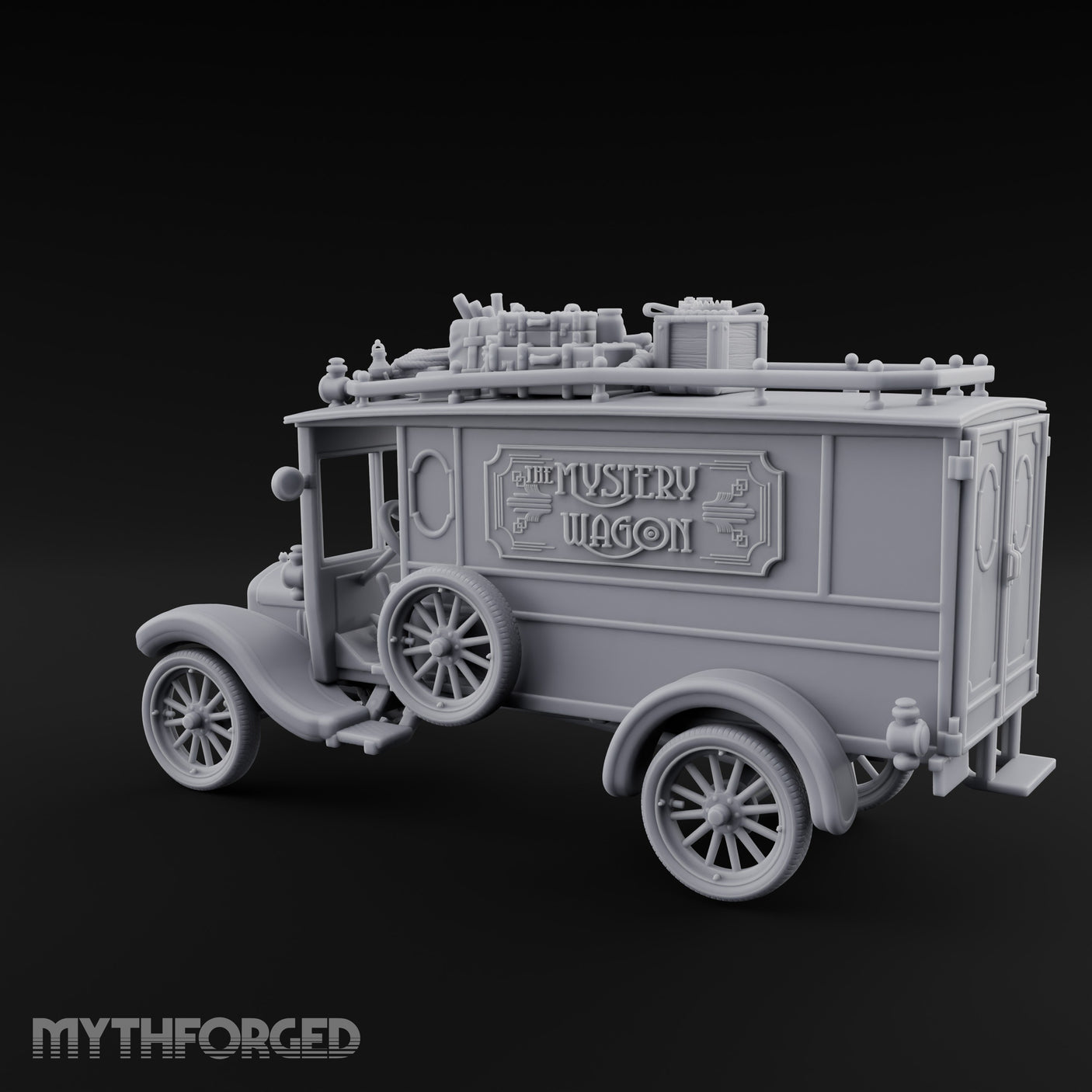 Roof-Laden Sign-Emblazoned Mystery Wagon Miniature for Dungeons and Dragons, Pathfinder or other TTRPGs