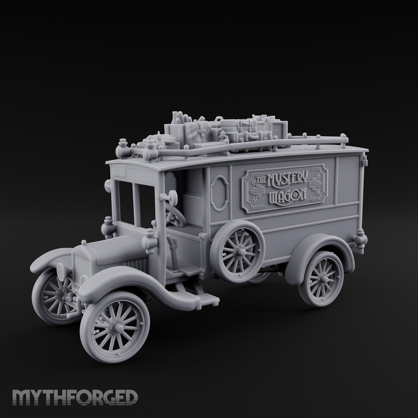 Roof-Laden Sign-Emblazoned Mystery Wagon Miniature for Dungeons and Dragons, Pathfinder or other TTRPGs