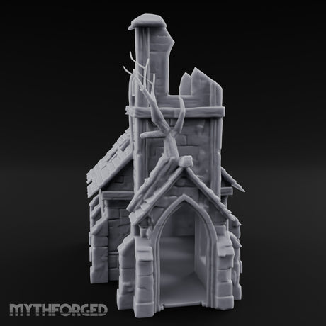 Root-Entwined Tower-Sheared Gothic Chapel Ruins Miniature for Dungeons and Dragons, Pathfinder or other TTRPGs