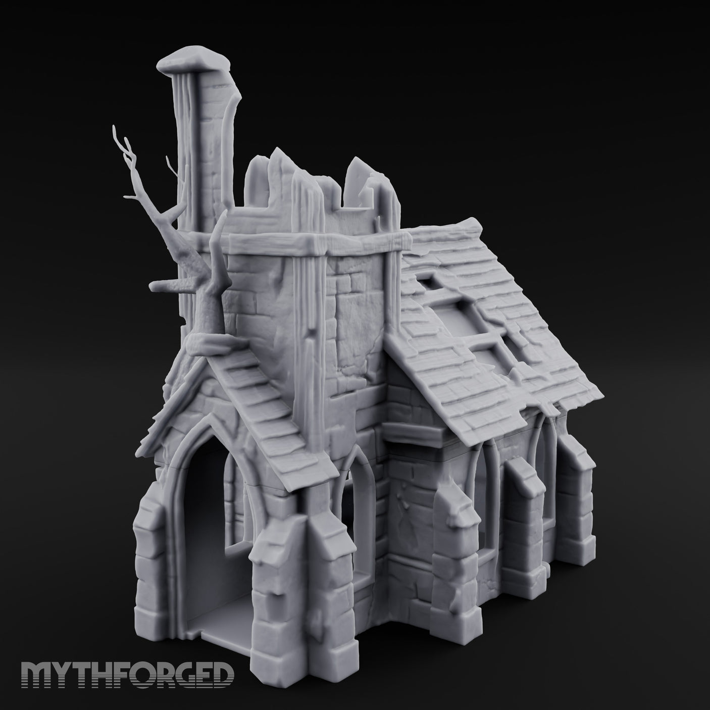 Root-Entwined Tower-Sheared Gothic Chapel Ruins Miniature for Dungeons and Dragons, Pathfinder or other TTRPGs