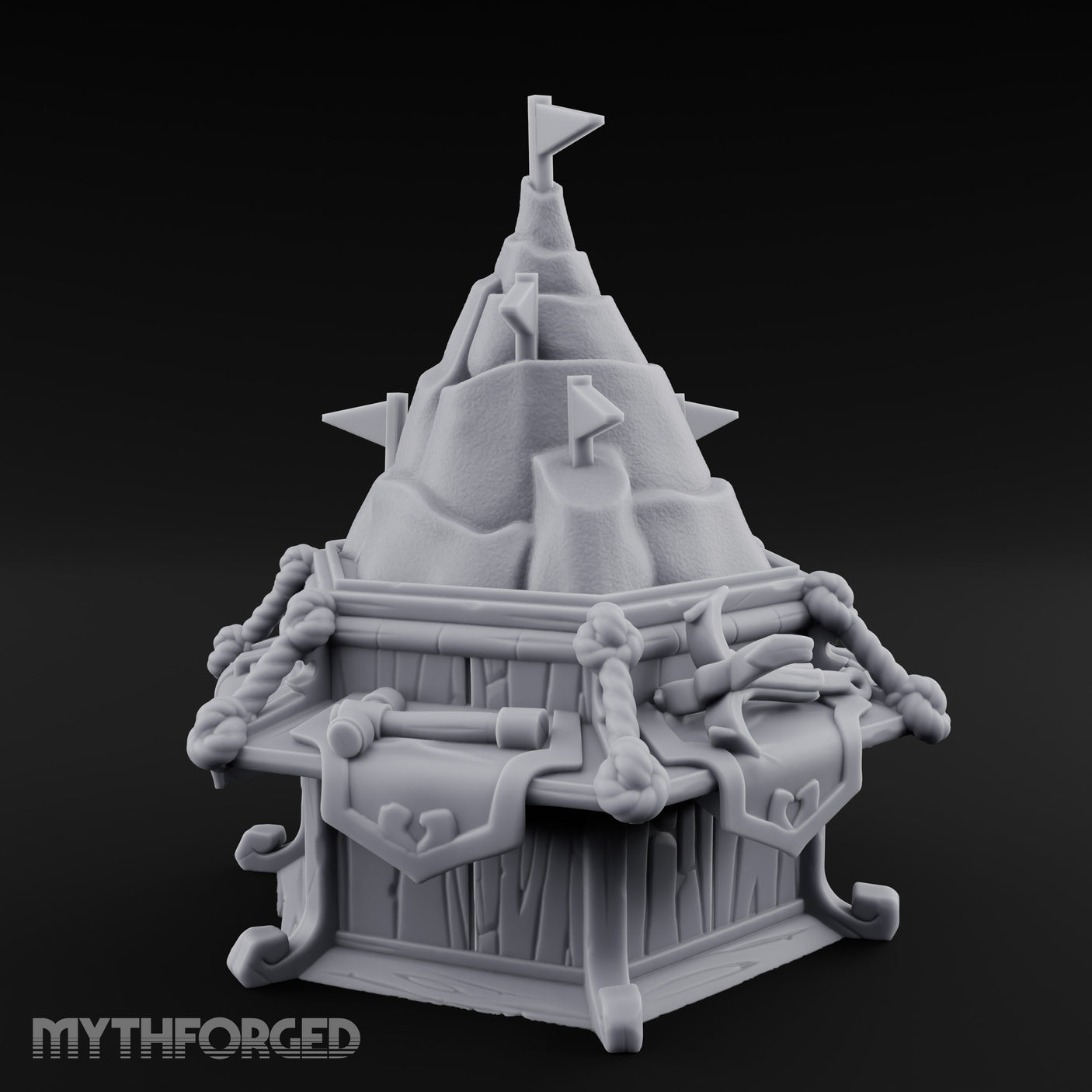 Rope-Bound Flag-Topped Mountain Peak Outpost Miniature for Dungeons and Dragons, Pathfinder or other TTRPGs