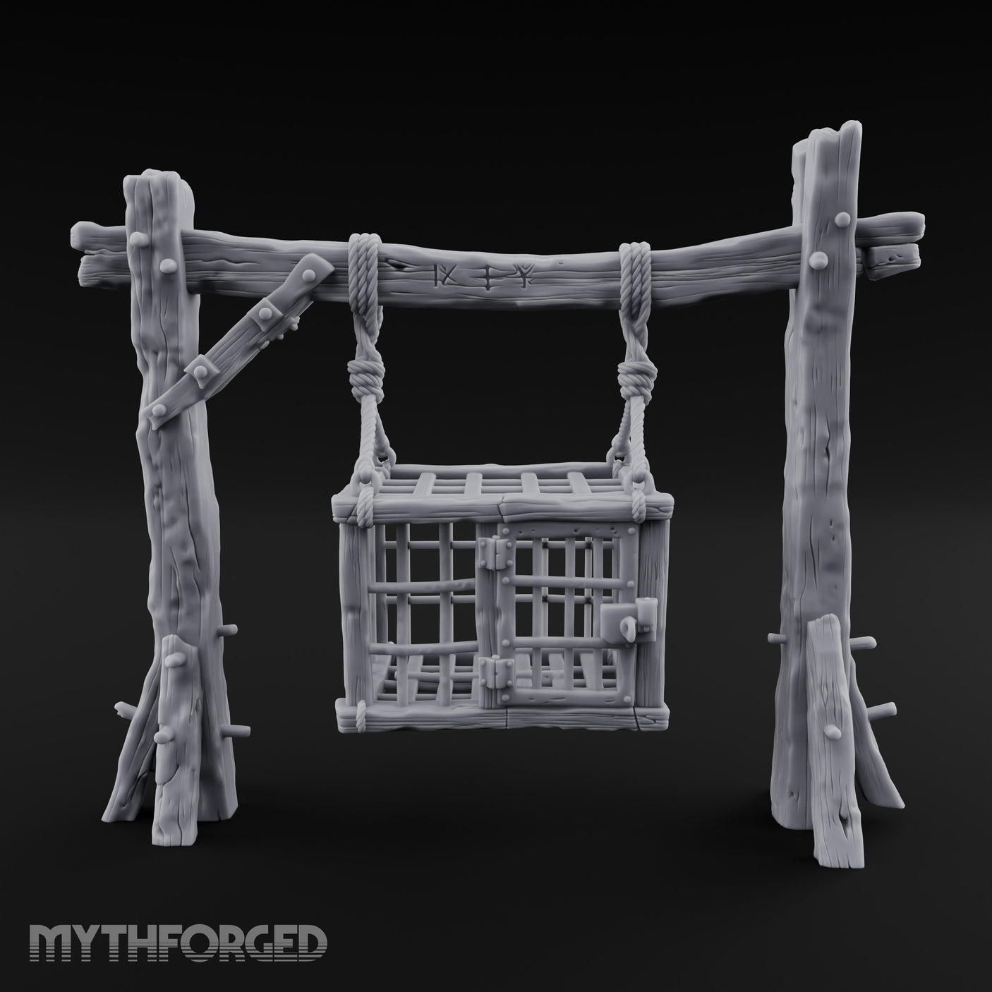 Rope-Bound Rune-Carved Hanging Prisoner Cage Miniature for Dungeons and Dragons, Pathfinder or other TTRPGs