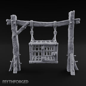 Rope-Bound Rune-Carved Hanging Prisoner Cage Miniature for Dungeons and Dragons, Pathfinder or other TTRPGs