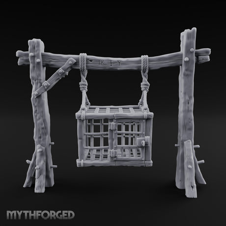 Rope-Bound Rune-Carved Hanging Prisoner Cage Miniature for Dungeons and Dragons, Pathfinder or other TTRPGs