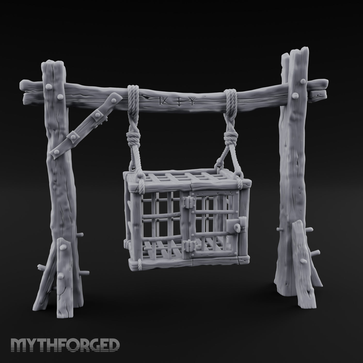 Rope-Bound Rune-Carved Hanging Prisoner Cage Miniature for Dungeons and Dragons, Pathfinder or other TTRPGs