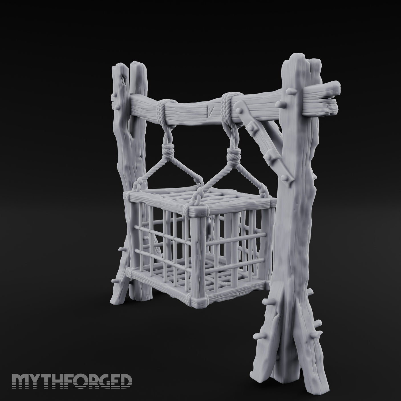 Rope-Bound Rune-Carved Hanging Prisoner Cage Miniature for Dungeons and Dragons, Pathfinder or other TTRPGs