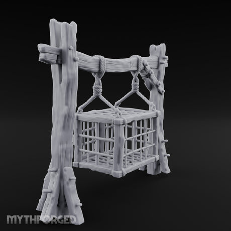 Rope-Bound Rune-Carved Hanging Prisoner Cage Miniature for Dungeons and Dragons, Pathfinder or other TTRPGs