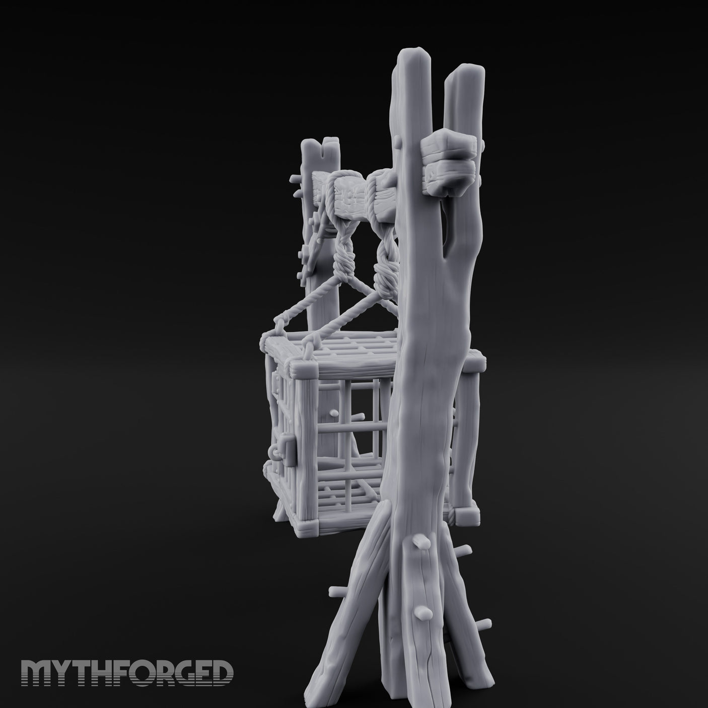 Rope-Bound Rune-Carved Hanging Prisoner Cage Miniature for Dungeons and Dragons, Pathfinder or other TTRPGs