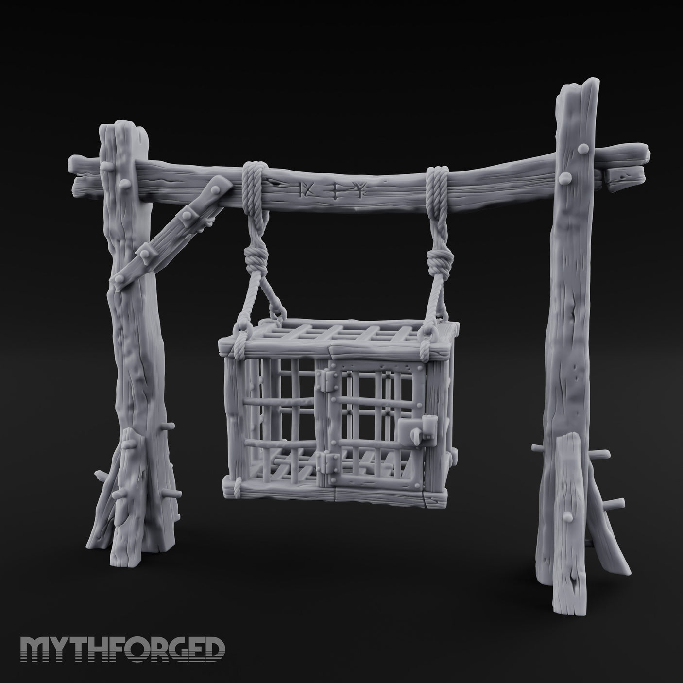 Rope-Bound Rune-Carved Hanging Prisoner Cage Miniature for Dungeons and Dragons, Pathfinder or other TTRPGs