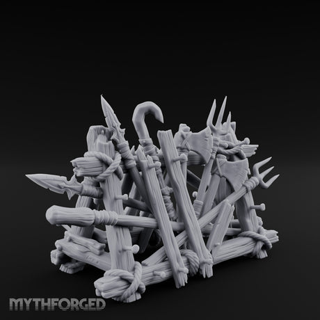 Rope-Crossed Axe-Bristling Tribal Weapon Stand Miniature for Dungeons and Dragons, Pathfinder or other TTRPGs