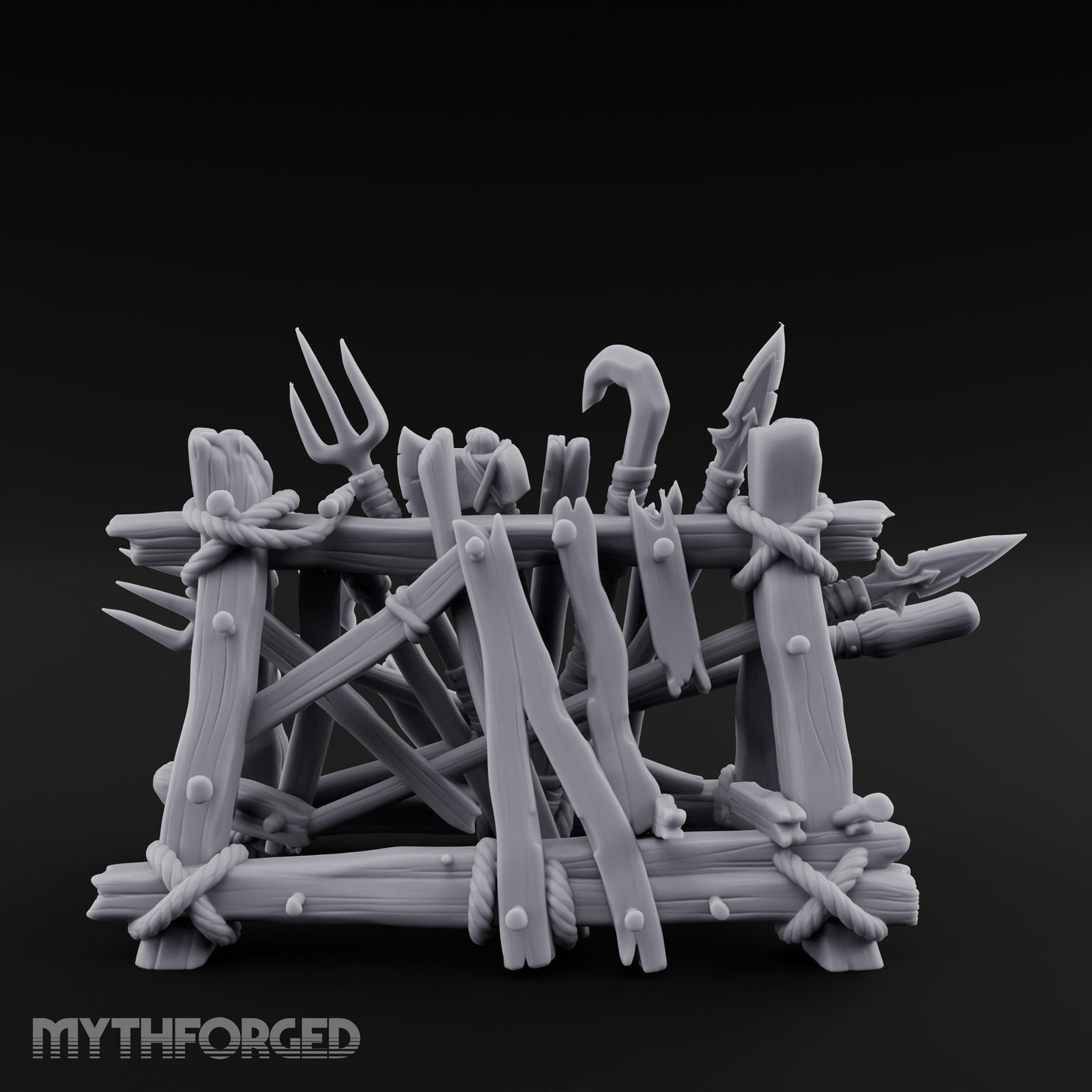 Rope-Crossed Axe-Bristling Tribal Weapon Stand Miniature for Dungeons and Dragons, Pathfinder or other TTRPGs