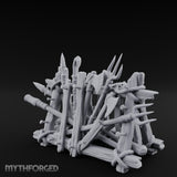 Rope-Crossed Axe-Bristling Tribal Weapon Stand Miniature for Dungeons and Dragons, Pathfinder or other TTRPGs