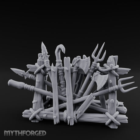 Rope-Crossed Axe-Bristling Tribal Weapon Stand Miniature for Dungeons and Dragons, Pathfinder or other TTRPGs