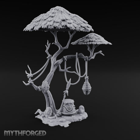 Rope-Draped Idol-Rooted Tribal Canopy Tree Scene Miniature for Dungeons and Dragons, Pathfinder or other TTRPGs