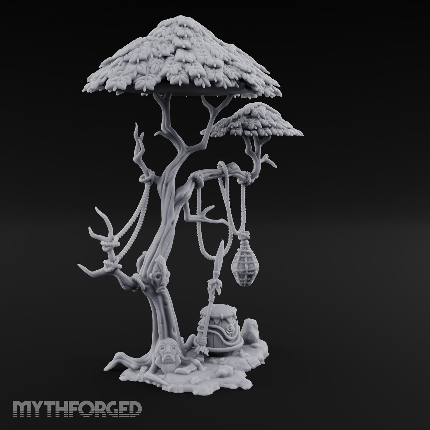 Rope-Draped Idol-Rooted Tribal Canopy Tree Scene Miniature for Dungeons and Dragons, Pathfinder or other TTRPGs