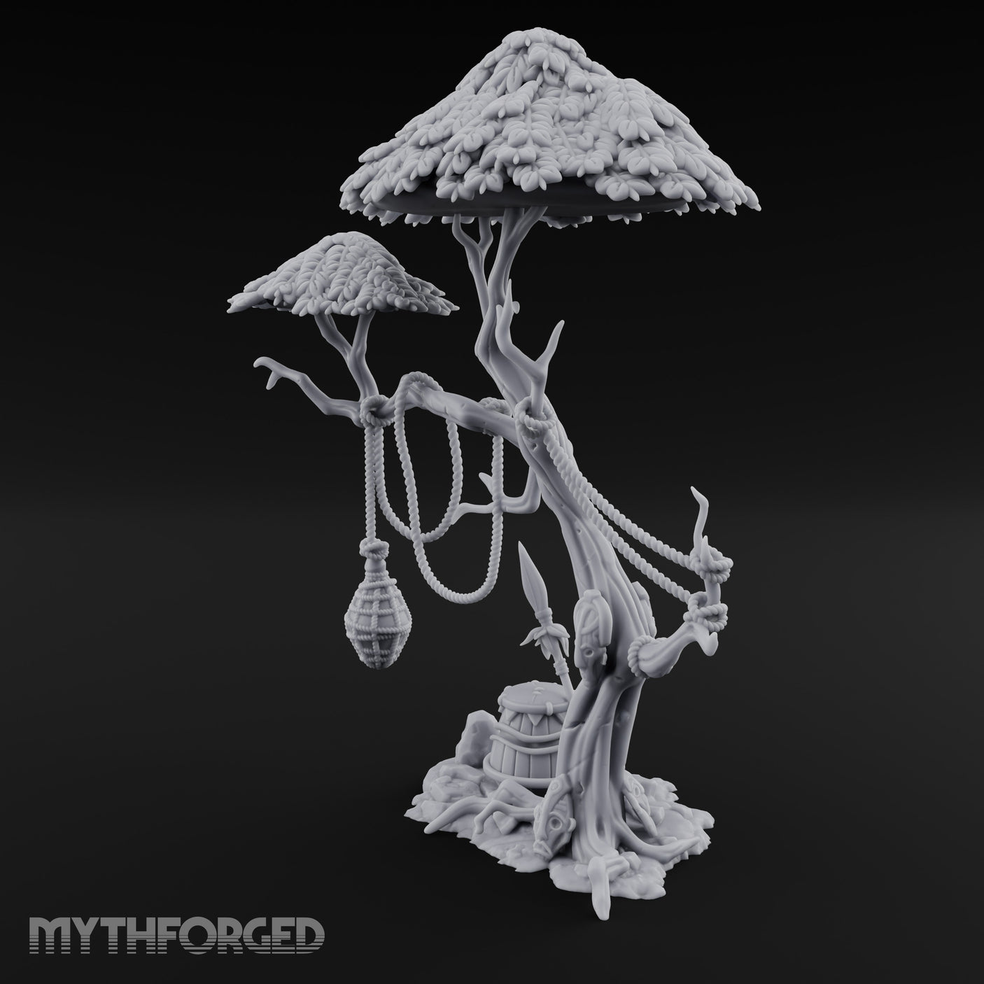 Rope-Draped Idol-Rooted Tribal Canopy Tree Scene Miniature for Dungeons and Dragons, Pathfinder or other TTRPGs
