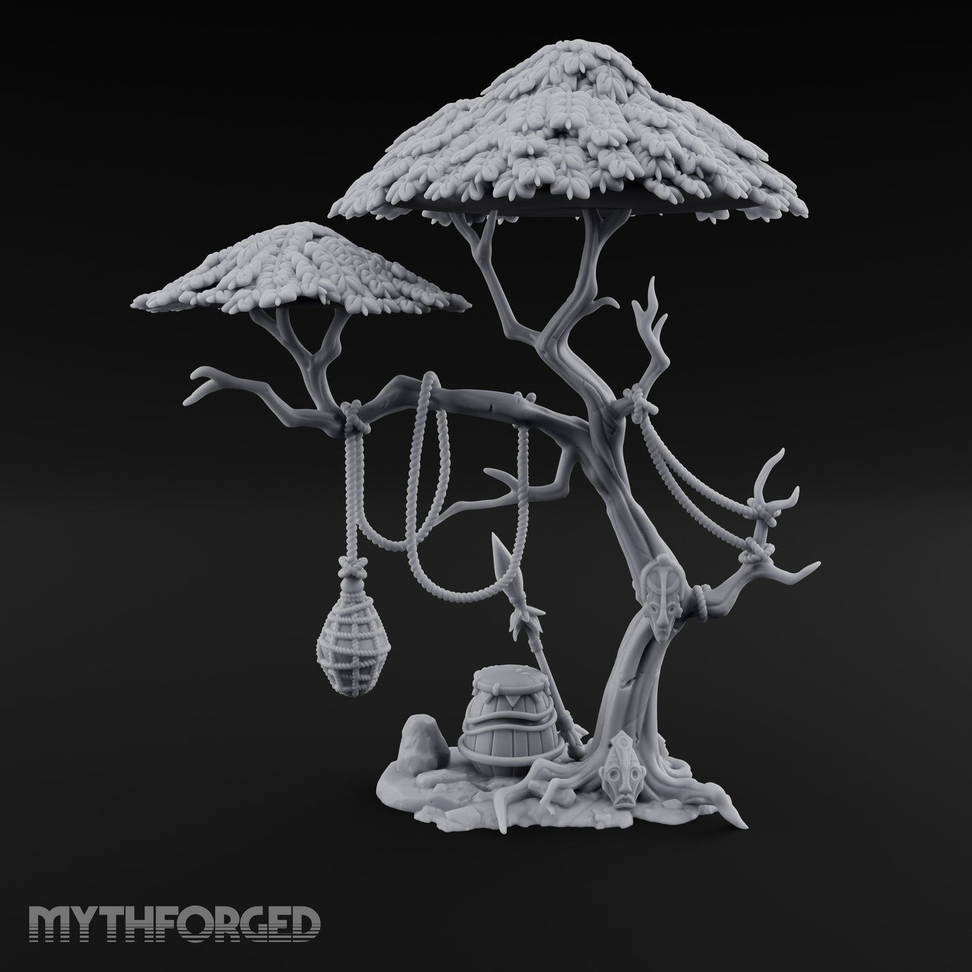 Rope-Draped Idol-Rooted Tribal Canopy Tree Scene Miniature for Dungeons and Dragons, Pathfinder or other TTRPGs