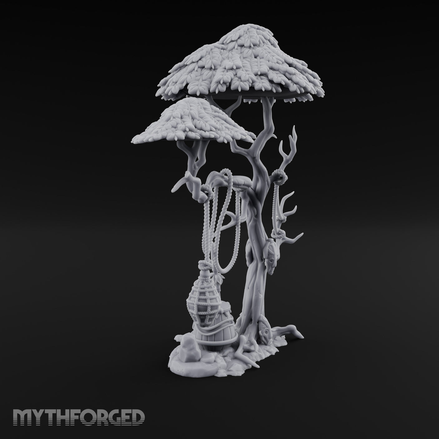 Rope-Draped Idol-Rooted Tribal Canopy Tree Scene Miniature for Dungeons and Dragons, Pathfinder or other TTRPGs