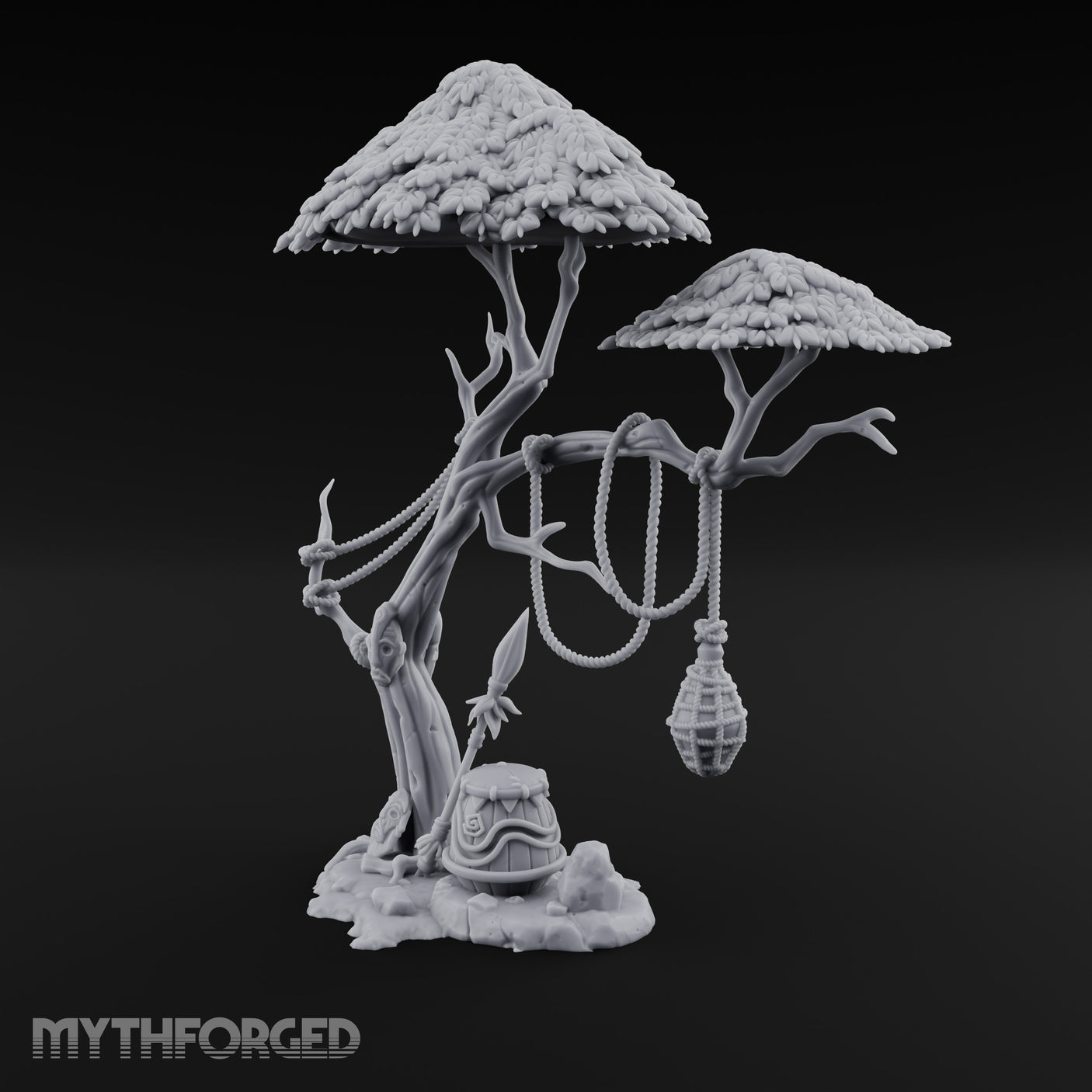 Rope-Draped Idol-Rooted Tribal Canopy Tree Scene Miniature for Dungeons and Dragons, Pathfinder or other TTRPGs
