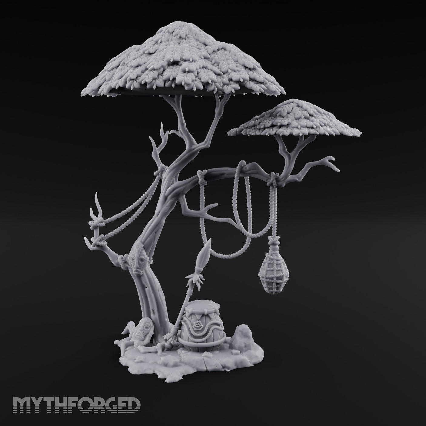 Rope-Draped Idol-Rooted Tribal Canopy Tree Scene Miniature for Dungeons and Dragons, Pathfinder or other TTRPGs