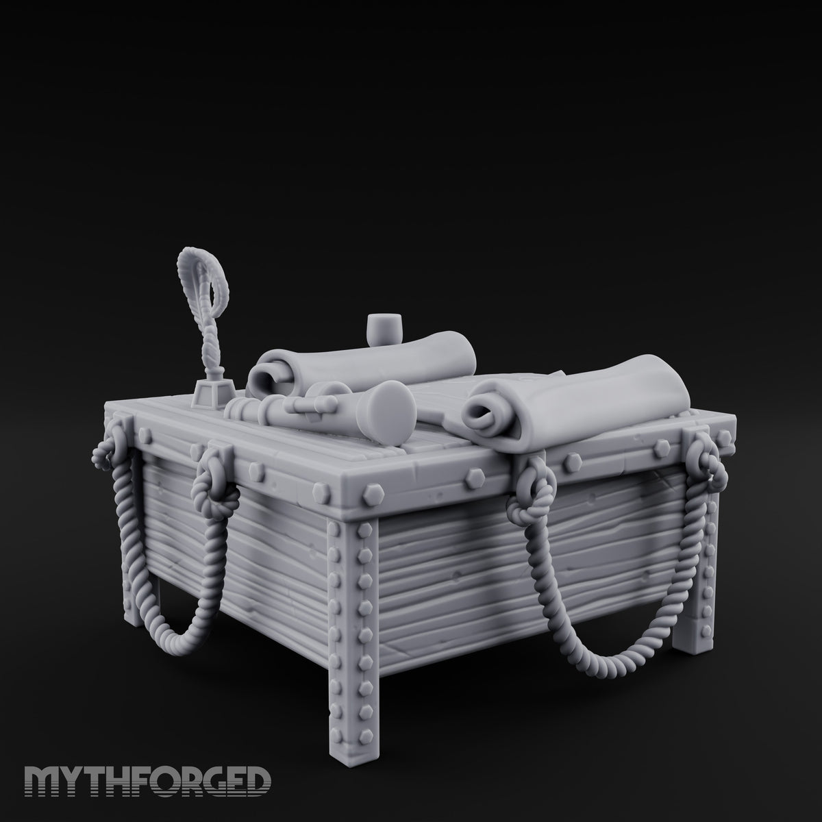 Rope-Draped Map-Strewn Navigator's Chart Table Miniature for Dungeons and Dragons, Pathfinder or other TTRPGs