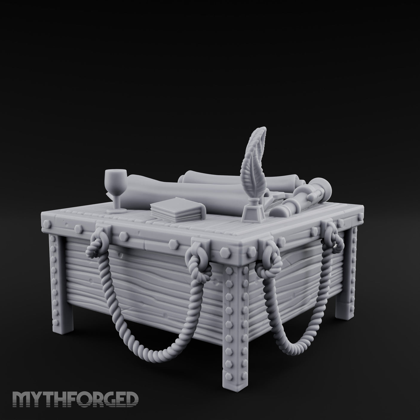 Rope-Draped Map-Strewn Navigator's Chart Table Miniature for Dungeons and Dragons, Pathfinder or other TTRPGs