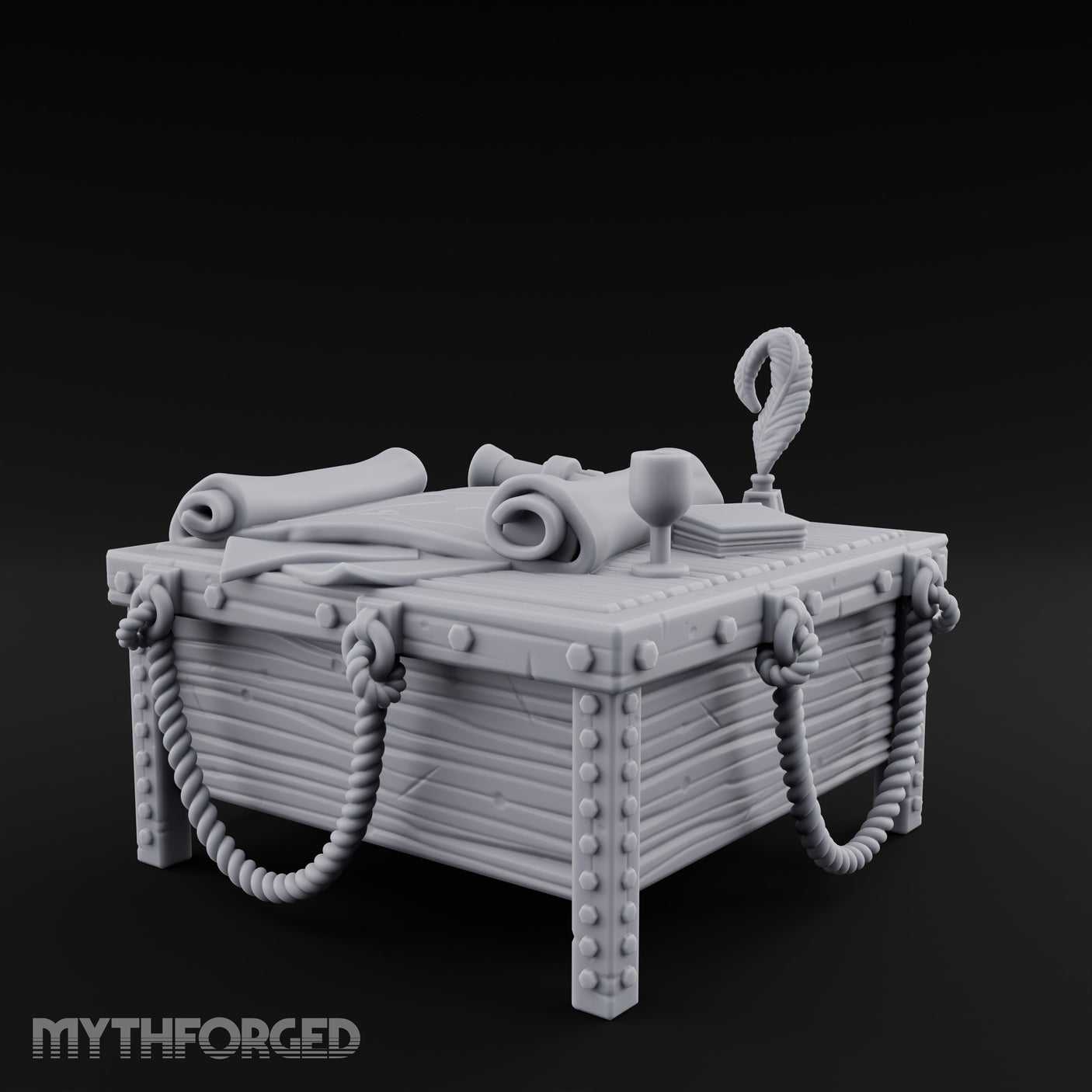 Rope-Draped Map-Strewn Navigator's Chart Table Miniature for Dungeons and Dragons, Pathfinder or other TTRPGs