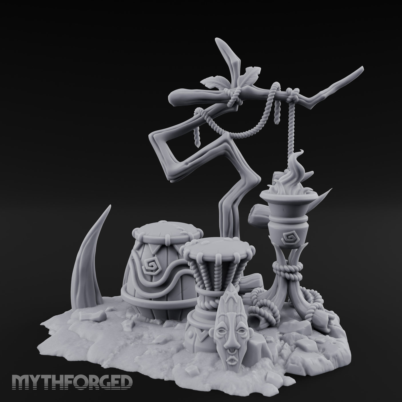 Rope-Hung Flame-Topped Tribal Drum Scene Miniature for Dungeons and Dragons, Pathfinder or other TTRPGs