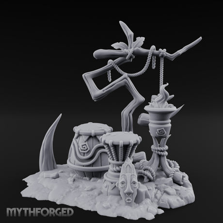 Rope-Hung Flame-Topped Tribal Drum Scene Miniature for Dungeons and Dragons, Pathfinder or other TTRPGs
