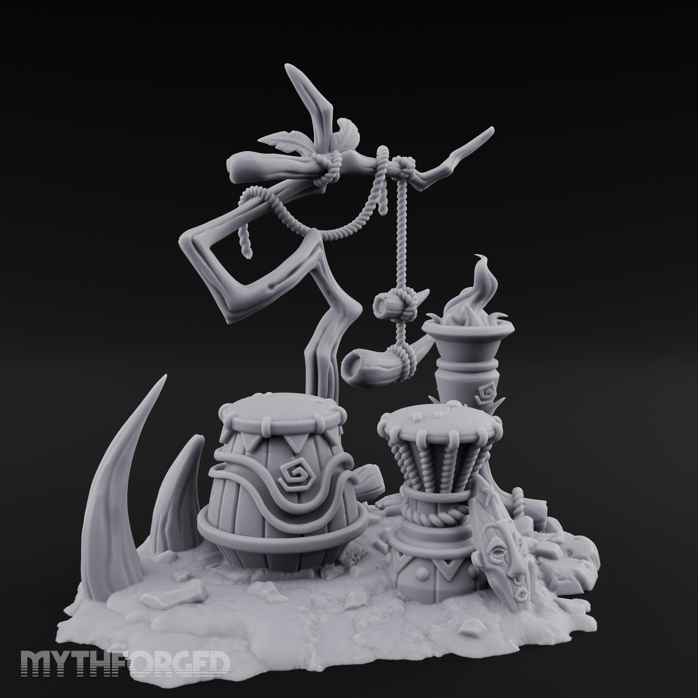 Rope-Hung Flame-Topped Tribal Drum Scene Miniature for Dungeons and Dragons, Pathfinder or other TTRPGs
