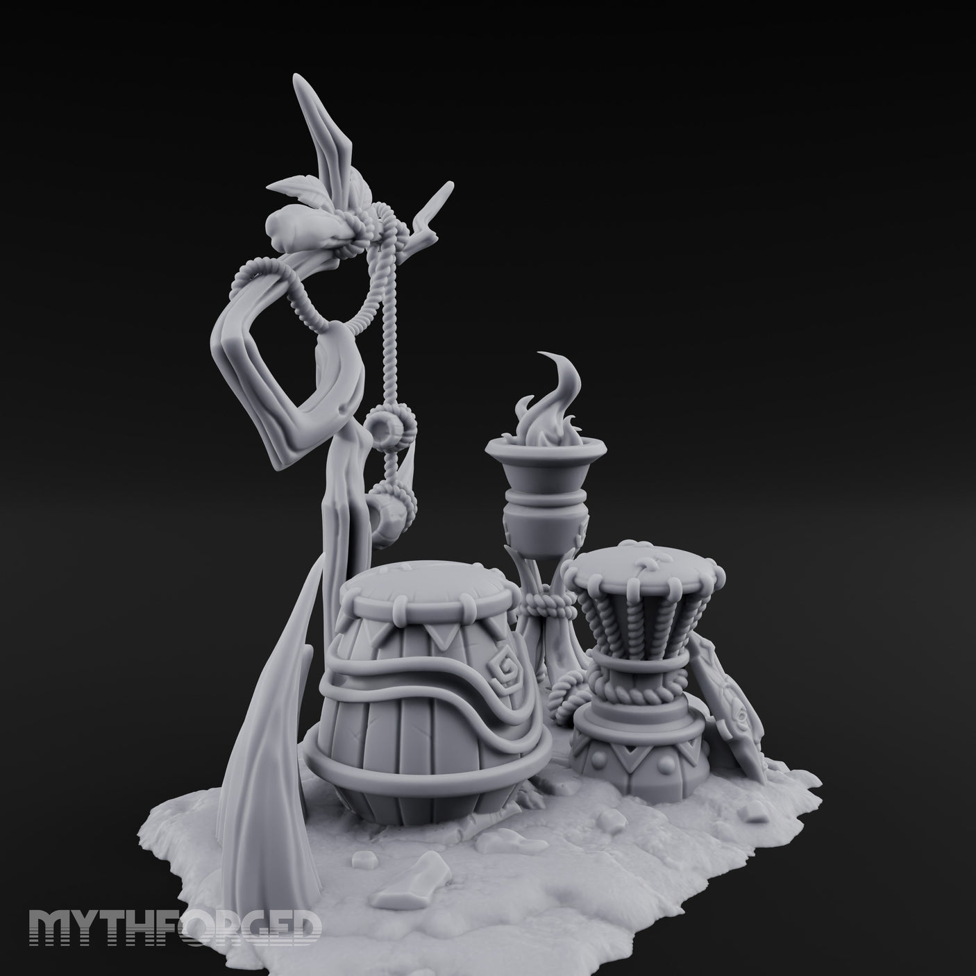 Rope-Hung Flame-Topped Tribal Drum Scene Miniature for Dungeons and Dragons, Pathfinder or other TTRPGs