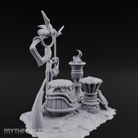 Rope-Hung Flame-Topped Tribal Drum Scene Miniature for Dungeons and Dragons, Pathfinder or other TTRPGs