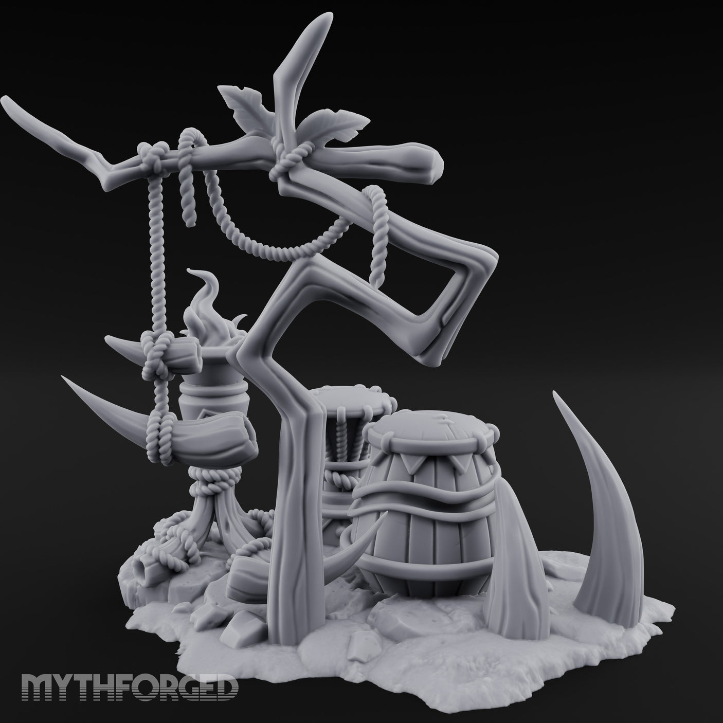 Rope-Hung Flame-Topped Tribal Drum Scene Miniature for Dungeons and Dragons, Pathfinder or other TTRPGs