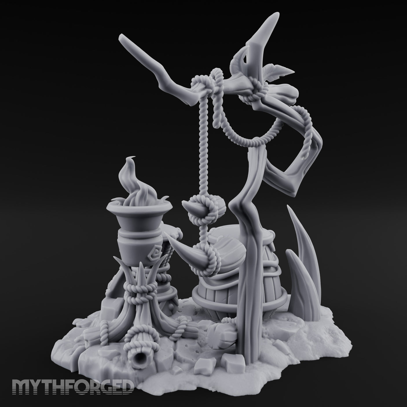 Rope-Hung Flame-Topped Tribal Drum Scene Miniature for Dungeons and Dragons, Pathfinder or other TTRPGs