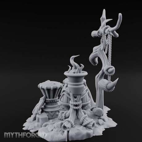 Rope-Hung Flame-Topped Tribal Drum Scene Miniature for Dungeons and Dragons, Pathfinder or other TTRPGs