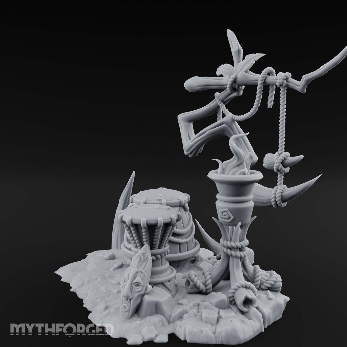 Rope-Hung Flame-Topped Tribal Drum Scene Miniature for Dungeons and Dragons, Pathfinder or other TTRPGs