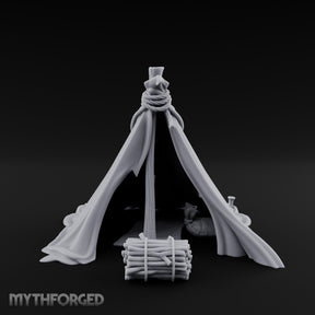 Rope-Knotted Firewood-Stocked Wilderness Tent Camp Miniature for Dungeons and Dragons, Pathfinder or other TTRPGs