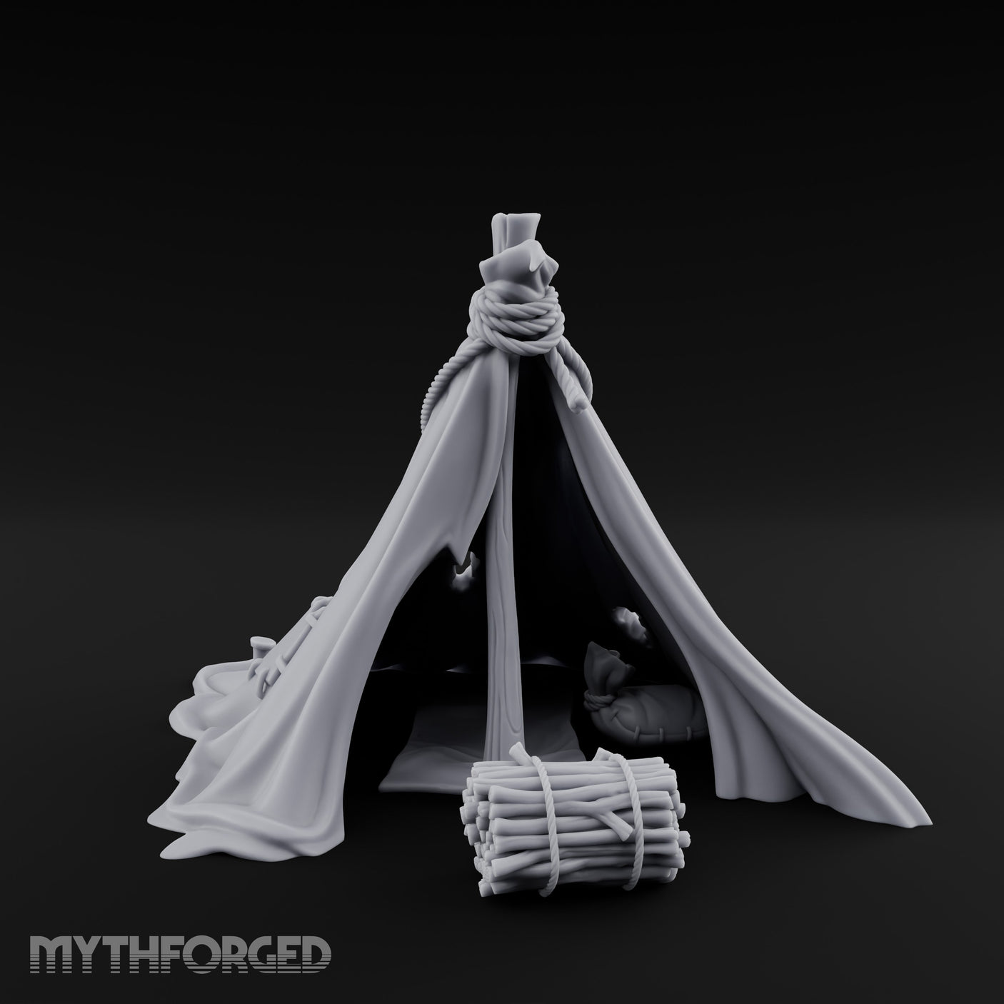 Rope-Knotted Firewood-Stocked Wilderness Tent Camp Miniature for Dungeons and Dragons, Pathfinder or other TTRPGs