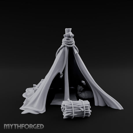 Rope-Knotted Firewood-Stocked Wilderness Tent Camp Miniature for Dungeons and Dragons, Pathfinder or other TTRPGs