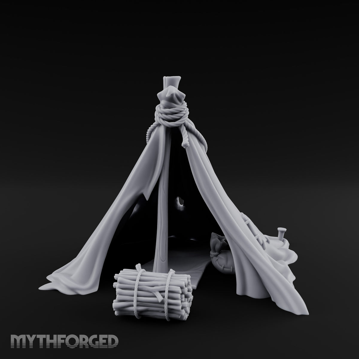 Rope-Knotted Firewood-Stocked Wilderness Tent Camp Miniature for Dungeons and Dragons, Pathfinder or other TTRPGs