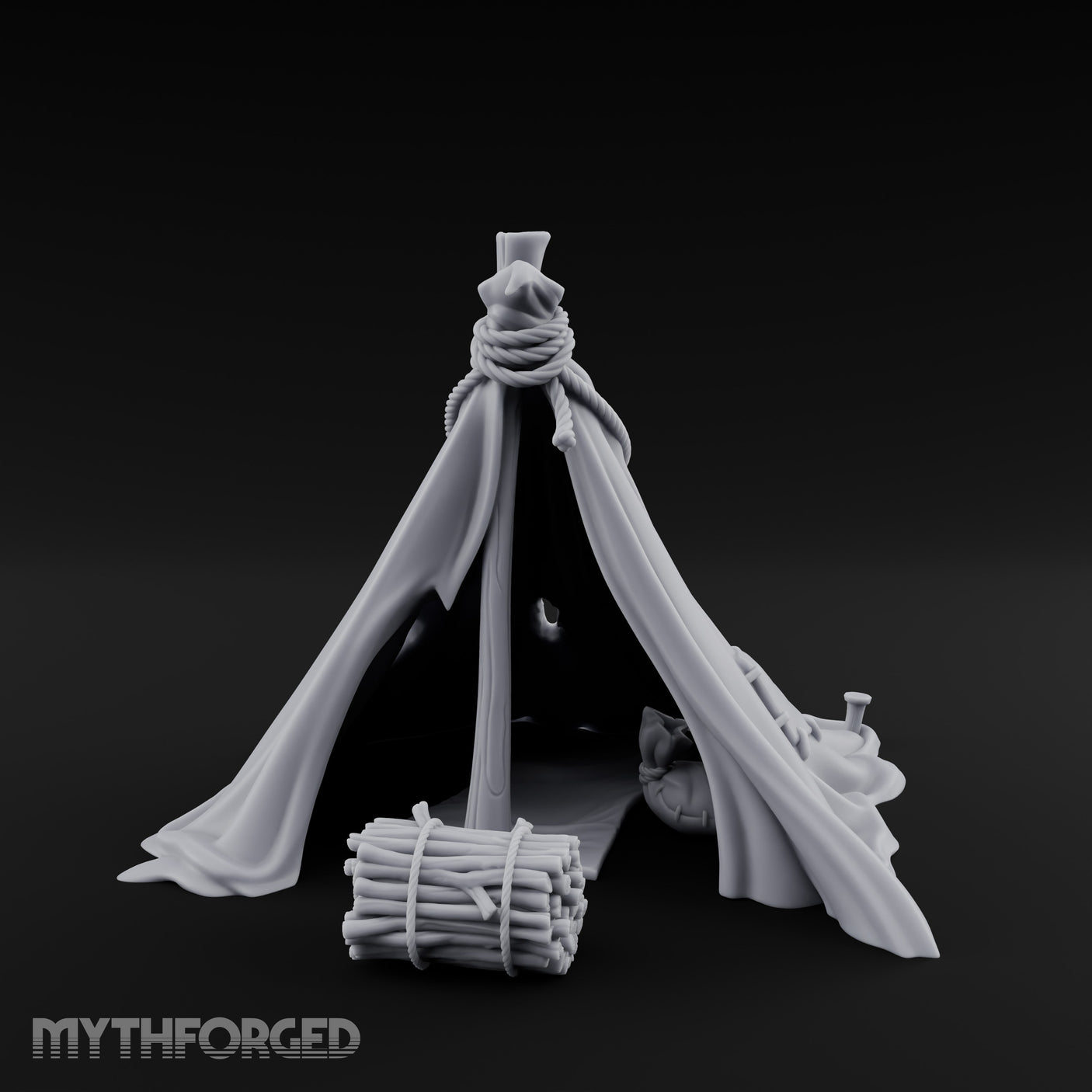 Rope-Knotted Firewood-Stocked Wilderness Tent Camp Miniature for Dungeons and Dragons, Pathfinder or other TTRPGs