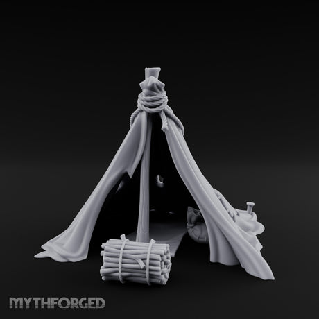Rope-Knotted Firewood-Stocked Wilderness Tent Camp Miniature for Dungeons and Dragons, Pathfinder or other TTRPGs