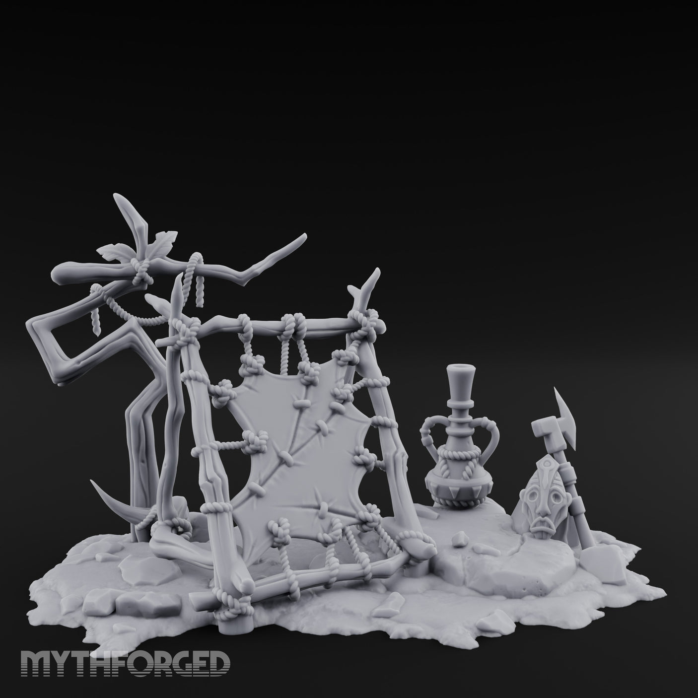 Rope-Knotted Shield-Hung Tribal Weapon Display Scene Miniature for Dungeons and Dragons, Pathfinder or other TTRPGs
