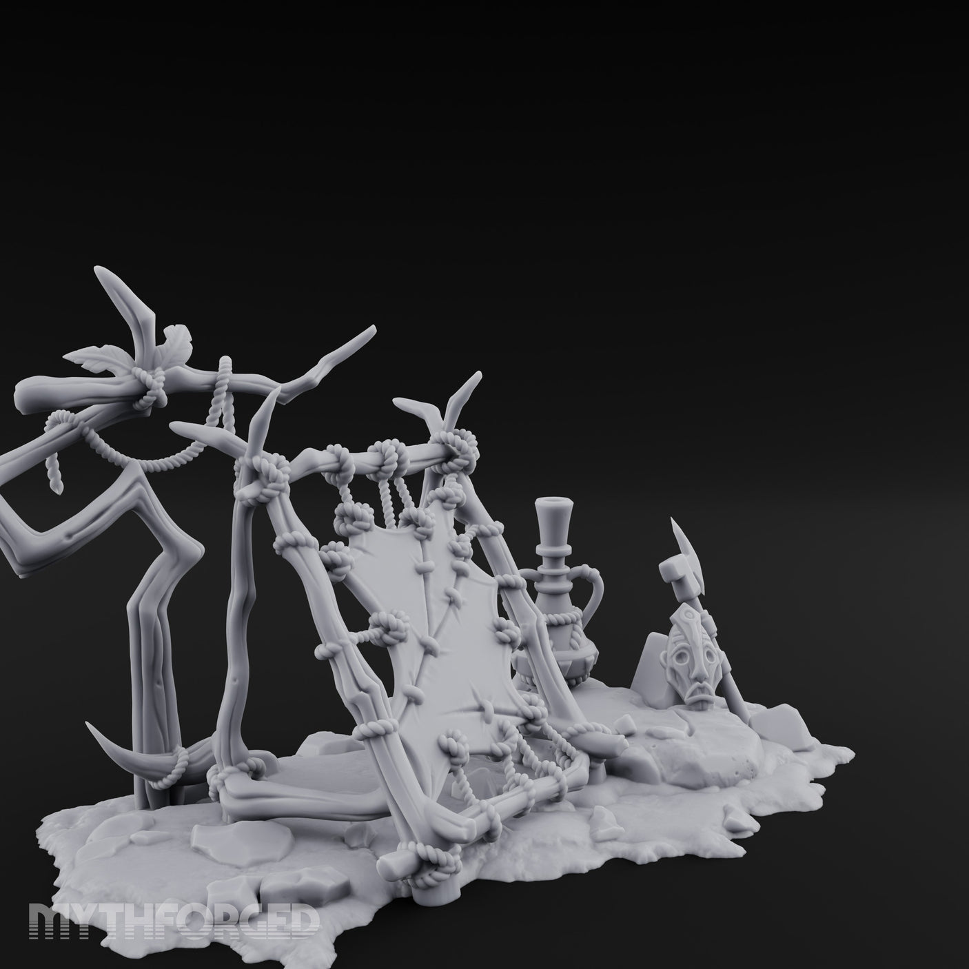 Rope-Knotted Shield-Hung Tribal Weapon Display Scene Miniature for Dungeons and Dragons, Pathfinder or other TTRPGs