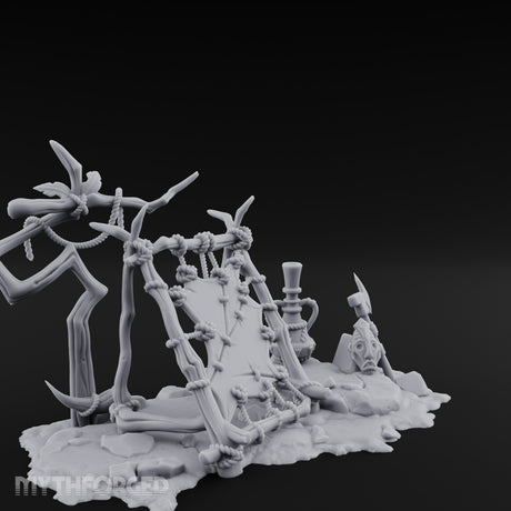 Rope-Knotted Shield-Hung Tribal Weapon Display Scene Miniature for Dungeons and Dragons, Pathfinder or other TTRPGs