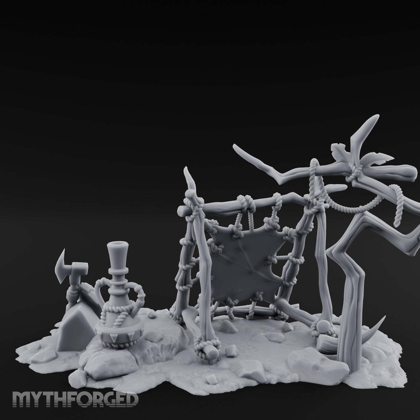Rope-Knotted Shield-Hung Tribal Weapon Display Scene Miniature for Dungeons and Dragons, Pathfinder or other TTRPGs