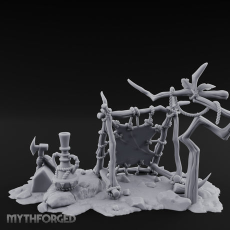Rope-Knotted Shield-Hung Tribal Weapon Display Scene Miniature for Dungeons and Dragons, Pathfinder or other TTRPGs