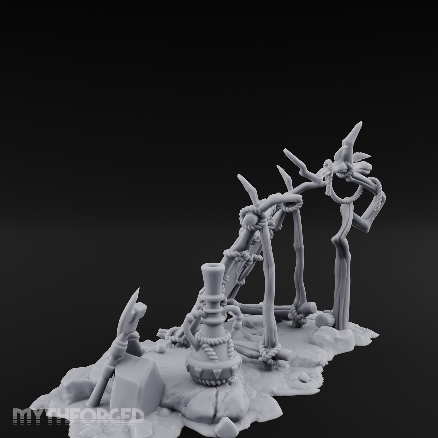 Rope-Knotted Shield-Hung Tribal Weapon Display Scene Miniature for Dungeons and Dragons, Pathfinder or other TTRPGs