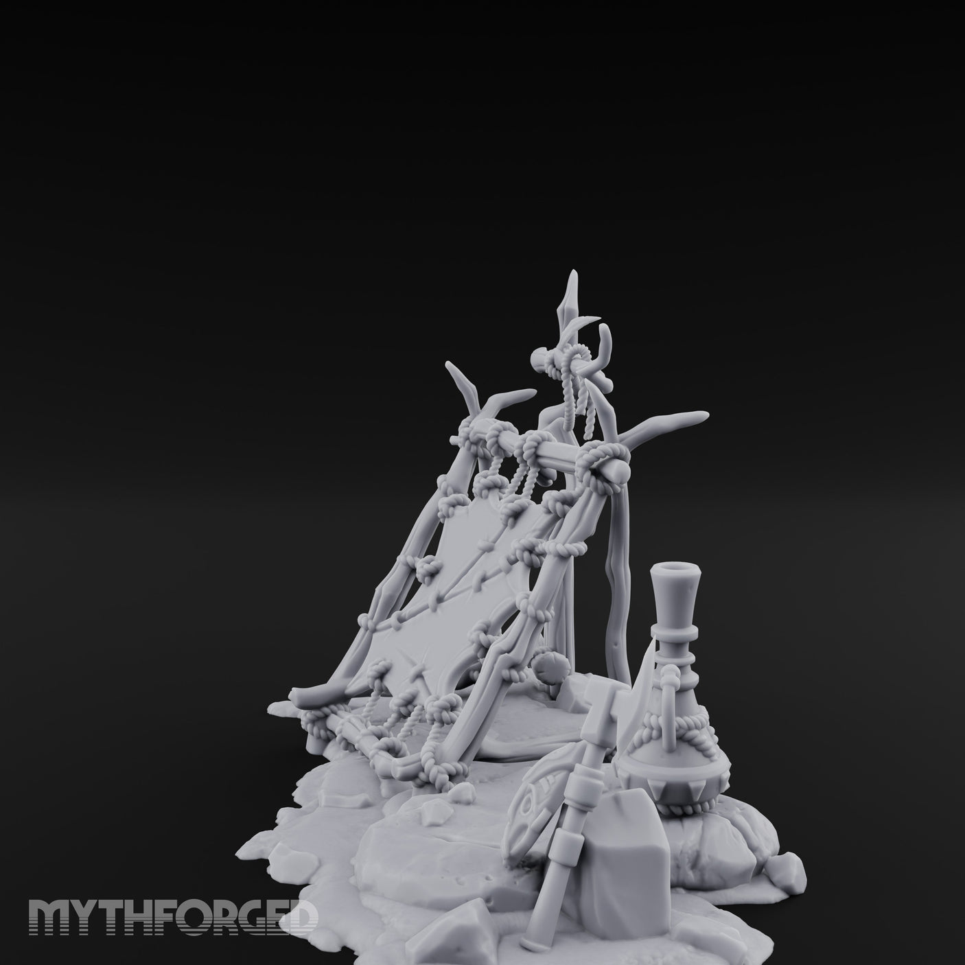 Rope-Knotted Shield-Hung Tribal Weapon Display Scene Miniature for Dungeons and Dragons, Pathfinder or other TTRPGs