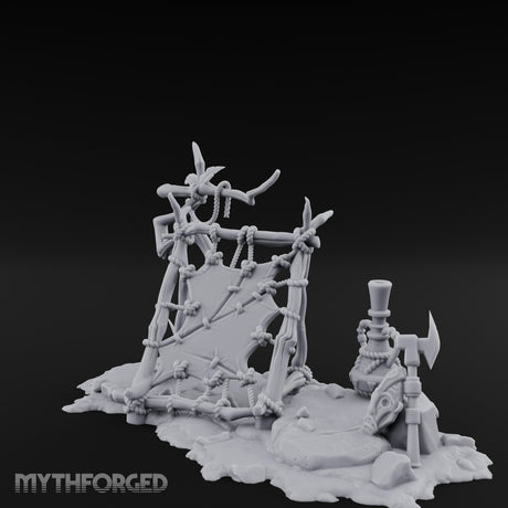 Rope-Knotted Shield-Hung Tribal Weapon Display Scene Miniature for Dungeons and Dragons, Pathfinder or other TTRPGs
